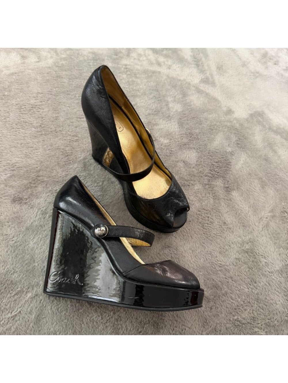 Coach Magda Black Wedge Platform Mary Jane Shoes 6.5 Womens Patent Peep Toe